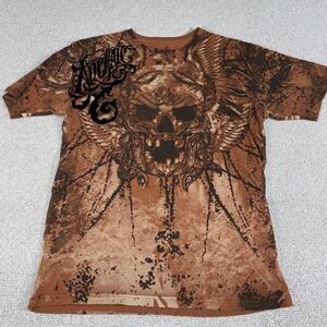 Archaic Skull Graphic T Shirt Womens Medium Brown All Over Print Edgy Goth Top 1